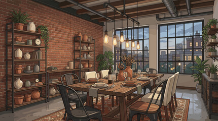 An illustrated industrial loft dining room set for dinner. The warm, cozy interior contrasts with the evening city view. Perfect for lifestyle, design, or food concepts. © Karina