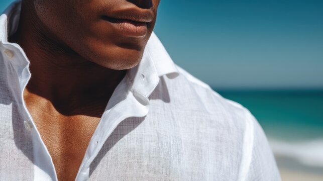 Close up of a man with healthy dark skin wearing a white linen shirt at the beach. Calm summer morning vibes with soft sunlight. Ideal for skincare and male grooming advertising.