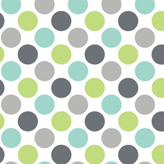 Modern polka dot pattern with grey, green and teal circles on white background. Minimal seamless design ideal for contemporary decor, textiles and digital use. © MedReda