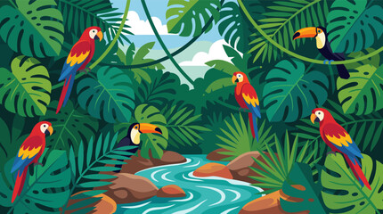 Obraz premium Vibrant vector art of a lush jungle with parrots and toucans by a river. This exotic scene with tropical foliage is great for travel, nature, or kids' designs.