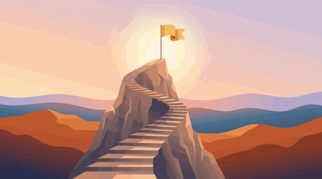 A vector illustration of a long, winding staircase leading to a flag on a mountain peak at sunset. A concept for success, career growth, goals, and ambition.