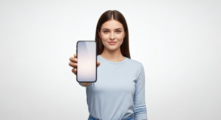 Naklejka premium A young woman holding up a smartphone with a blank screen in a studio setting