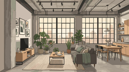 Illustration of a modern industrial loft apartment. Cozy open-plan living room with city view, plants, and wooden furniture. Perfect for design, real estate, or lifestyle concepts. © Karina