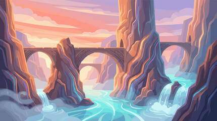 Fototapeta premium A stunning illustration of a fantasy landscape. An ancient stone bridge crosses a canyon with a vibrant turquoise river and waterfalls, set against a beautiful pink and orange sunset sky.