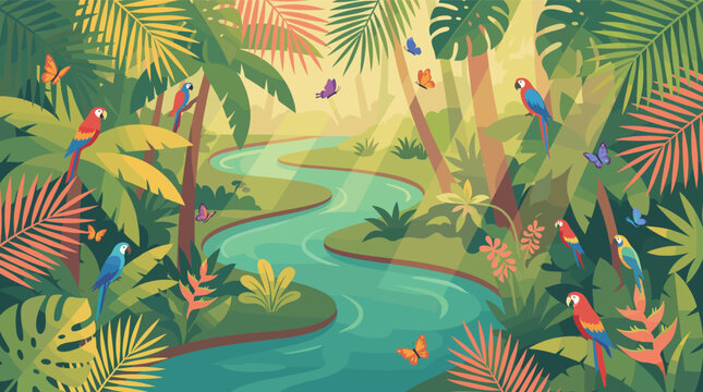 Vibrant illustration of a lush jungle with a winding river, colorful parrots, and butterflies. Perfect for travel, nature, or kids' backgrounds.