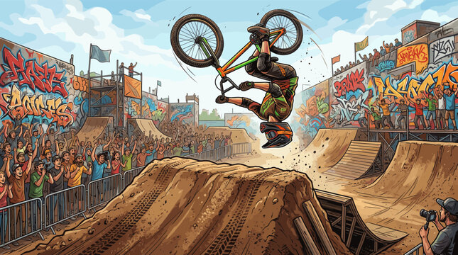 Dynamic cartoon illustration of a mountain biker doing a backflip at a slopestyle event. A cheering crowd and graffiti walls create a vibrant, urban, and energetic atmosphere.