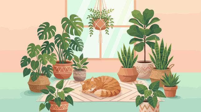Vector illustration of a tabby cat napping in a tranquil room surrounded by green potted plants. Represents comfort, hygge, and a pet-friendly home.
