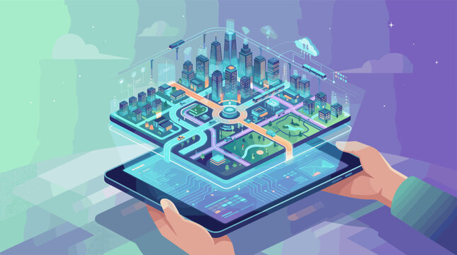 Hands hold a tablet showing an augmented reality isometric smart city. A concept for future tech, IoT, connectivity, urban planning, and data visualization. Vector illustration.