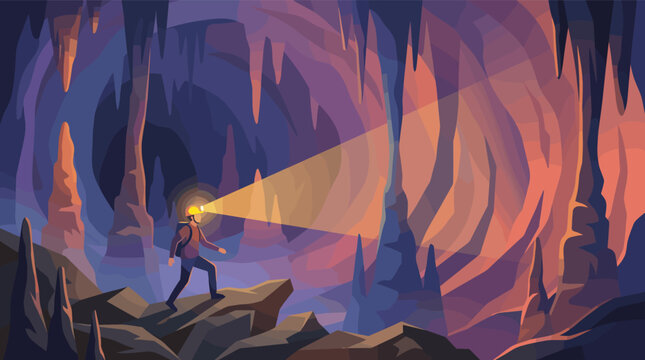 Vector illustration of an explorer with a headlamp in a vast cave. A concept for adventure, discovery, journey, facing challenges, and finding a new path.