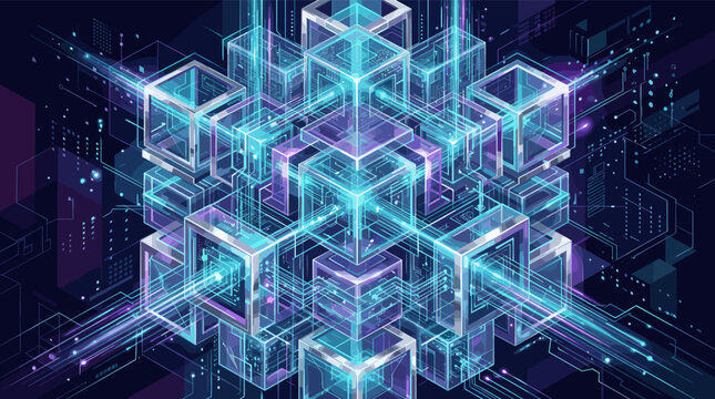 A complex network of interconnected, glowing data cubes in an isometric view. Symbolizes blockchain, AI, fintech, and advanced digital information systems. Futuristic concept.