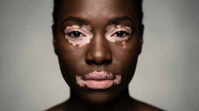 Close up portrait of a young Black woman with vitiligo around her eyes and mouth. Concept of skin diversity and natural beauty. Ideal for skincare and inclusivity campaigns.