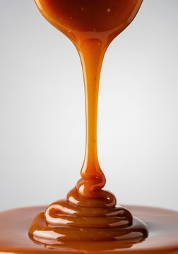 A rich, glossy stream of thick, golden brown caramel sauce dripping slowly, showing luxurious texture and decadent shine, thick, baking, golden