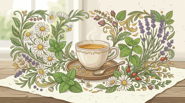 A vintage-style illustration of a steaming cup of herbal tea. Framed by chamomile, lavender, and mint for wellness, relaxation, or cafe themes. Cozy and calming.