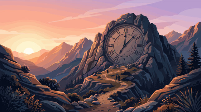 A surreal illustration of a mountain with a giant clock face. Travelers walk a path towards it at sunset. Concept for time, journey, life goals, and destiny.