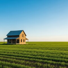 Fototapeta premium A vintage wooden farmhouse stands isolated in a vast green agricultural field under a bright clear sky during the sunny daytime hours, isolated, farmhouse, structure