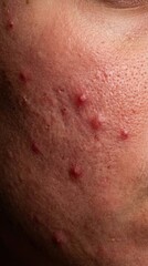 Fototapeta premium Extreme close up human skin with active acne and visible pores. Illustrates dermatological issues and skin sensitivity. Useful for medical articles, skincare marketing or beauty blogs.