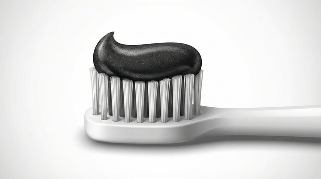 Black charcoal toothpaste sits on a white toothbrush. This represents modern oral hygiene and natural whitening trends. Use for dental care marketing or health blogs.