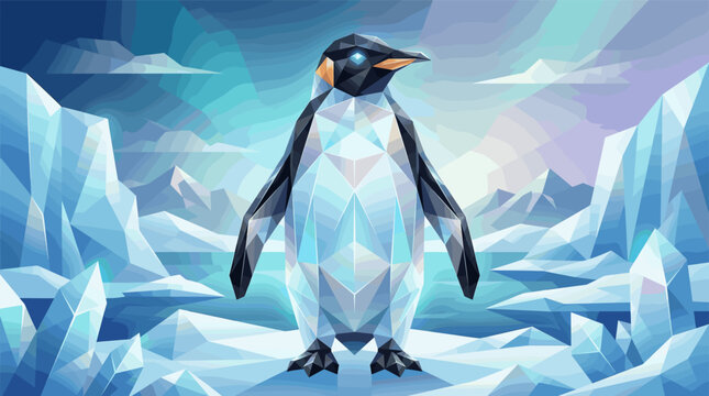 A modern illustration of a penguin in a low poly, geometric style. The bird stands majestically in a cool, icy arctic landscape. Ideal for tech, nature, or corporate themes.