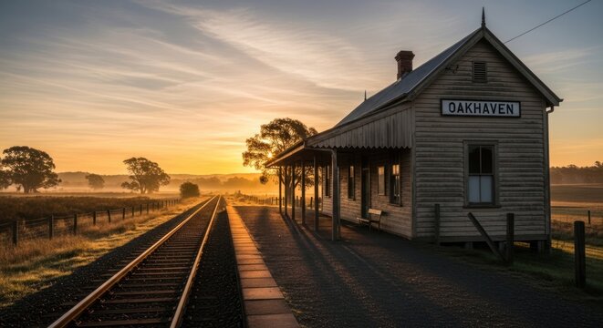 Old train station at sunset with tracks leading to the horizon landscape