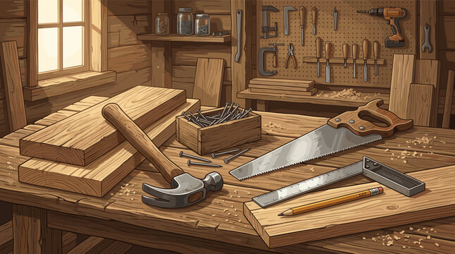 An illustration of a carpenter's workbench with a hammer, saw, and nails. This cozy, traditional workshop scene is ideal for DIY, craft, and construction concepts.
