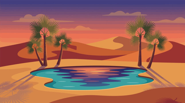 A tranquil desert oasis with palm trees and a reflective pond at sunset. This serene vector landscape is ideal for travel, tourism, nature, or relaxation concepts.
