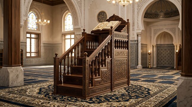 Intricately carved wooden minbar inside a mosque with detailed architecture
