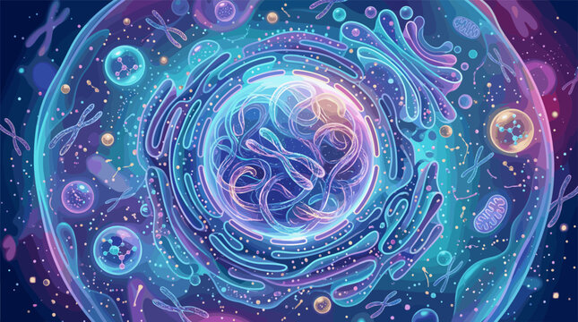 Vibrant illustration of a eukaryotic cell cross-section. Shows nucleus, chromosomes, mitochondria. Ideal for science, biology, medical, and technology concepts. Abstract and futuristic.