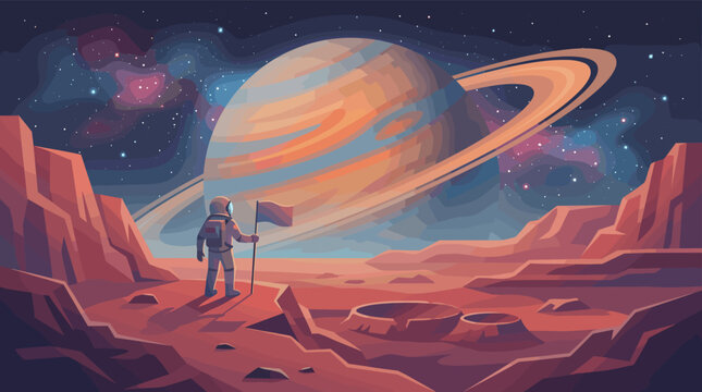 Vector illustration of an astronaut on a red alien planet holding a flag. In the background, a giant ringed planet and nebula. Concept of exploration, future, and discovery.