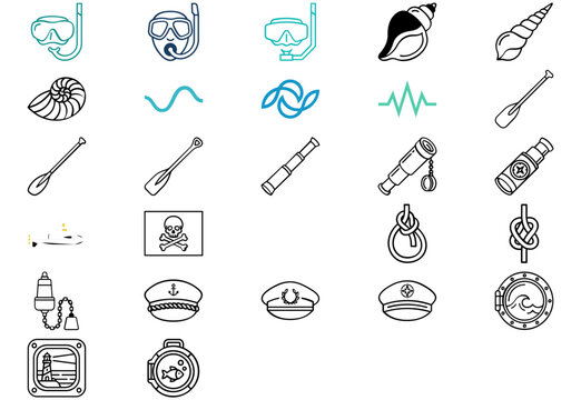 Mega Vector Icon Set Collection Bundle of 27 Nautical Maritime Symbols: Minimalist Line Art of Seashells, Diving Gear, Waves, Compass, Oars, Spyglass, Pirate Flag, Submarine, Knots, Trident, Porthole.