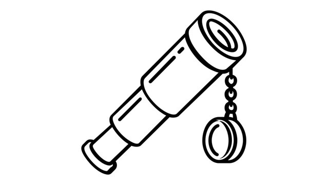 Handheld nautical telescope spyglass vector icon illustration. Minimalist black line art of a maritime optical instrument with a lens cap on a chain, perfect for sea exploration and travel themes.