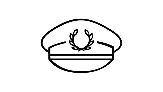 Nautical Captain Peaked Cap Vector Icon Illustration, Minimalist Black Line Art Design of Maritime Officer Hat with Laurel Wreath Emblem, Scalable Flat Graphic for Navy, Pilot, and Sea Themes.