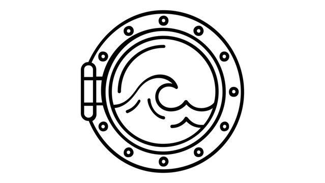 Nautical ship porthole vector icon featuring a stylized ocean wave inside. Minimalist black line art illustration of a maritime window for boat, yacht, or submarine design. Scalable AI-generated.