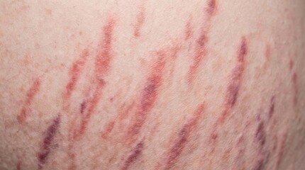 Fototapeta premium Extreme close up of red and purple stretch marks on human skin. Represents physical changes during pregnancy or growth. Useful for medical, dermatological, or body positivity content.