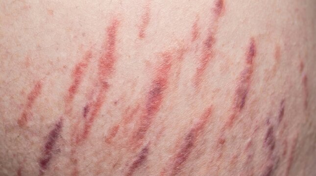 Extreme close up of red and purple stretch marks on human skin. Represents physical changes during pregnancy or growth. Useful for medical, dermatological, or body positivity content.