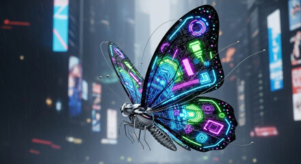 Neon Butterfly Flying in Futuristic Cyberpunk City Background Digital Art © SyedAizaz