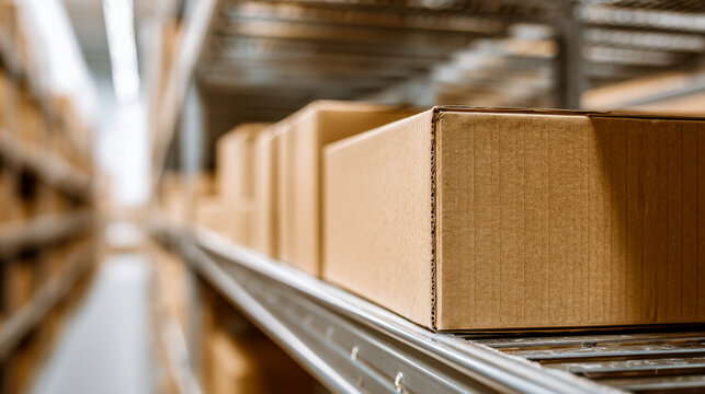 Rows of cardboard boxes neatly arranged on warehouse metal shelving units ready for storage or shipping in a spacious industrial facility with blurred background dep