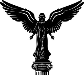 Fototapeta premium Black and white vector illustration of an angel silhouette with wings on a column