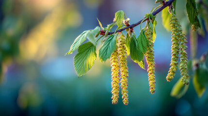Obraz premium Delicate green leaves and hanging catkins on a tree branch illuminated by soft natural light against a blurred vibrant background in springtime outdoors