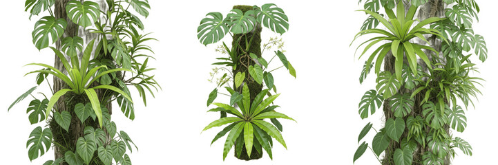 Tropical Monstera and Bromeliad Plants on Tree Trunks Isolated on White Background. Set of Three Vertical Jungle Foliage Compositions with Exotic Green Leaves and Vines. © Thon GM