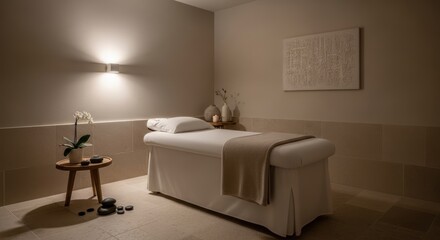 Fototapeta premium Serene spa treatment room with massage table soft lighting and decor