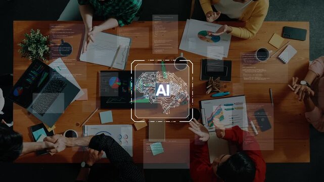 A dynamic business meeting scene featuring diverse professionals engaged in discussion around a table with technology, data visuals, and an AI brain graphic at the center. Raster