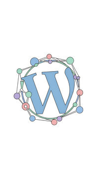 Blue WordPress logo design encircled by pastel color network nodes and interconnected lines on a clean white backdrop for digital content management