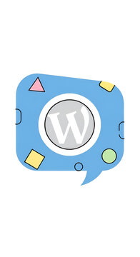 Blue speech bubble with WordPress logo colorful geometric shapes black outline a modern design for blog posting and website themes