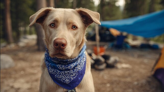 Majestic dog sports a bandana in the campsite.