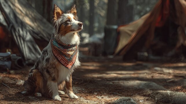Majestic dog sports a bandana in the campsite.