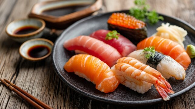 Delicious sushi platter with various types of fish and shrimp on a rustic wooden table.