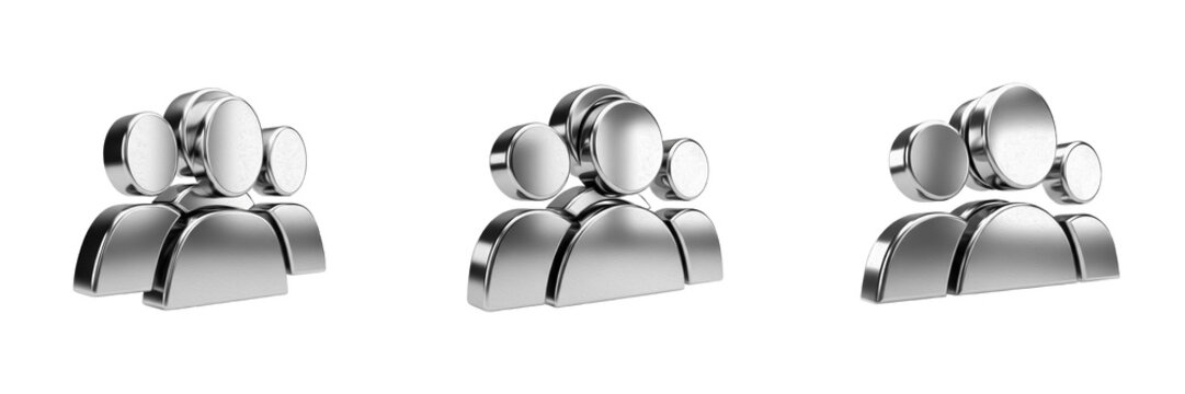 Set of Three Shiny Chrome People Icons Isolated on White Background, Realistic Metallic Silver User Group and Teamwork Mockups, Glossy 3D Steel Social Community Elements, HR and Networking Renders