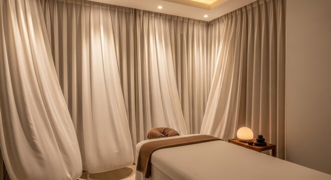 Spa treatment room interior with massage table and curtains open