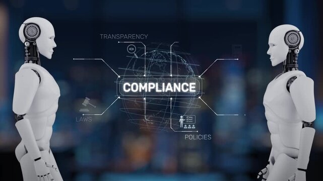 Two humanoid robots stand against a digital background, illustrating the important concepts of compliance, regulation, governance, and strategic management in technology. Synapse