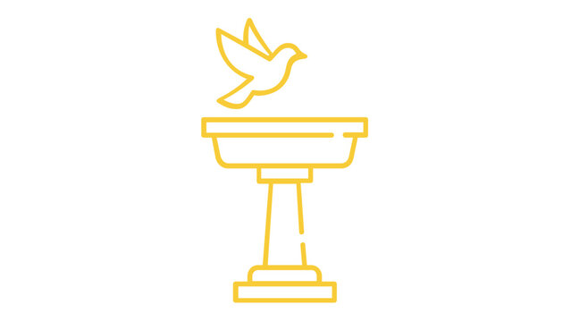 Minimalist vector illustration of a bird flying over a garden birdbath icon featuring a warm orange and yellow gradient, ideal for nature, outdoor decor, and gardening themes, scalable flat design.
